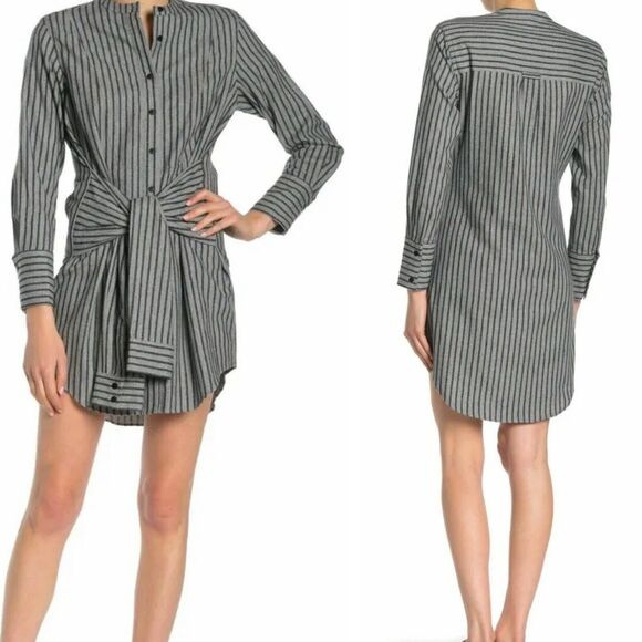 DEREK LAM 10 CROSBY Striped Tie Waist Mini Shirt Dress Long Slv Grey $395 - Picture 1 of 13